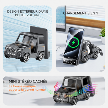 Chargeur induction 6 en 1 type-c station de charge chargement rapide sans fil avec fonction horloge et alarme forme de voiture